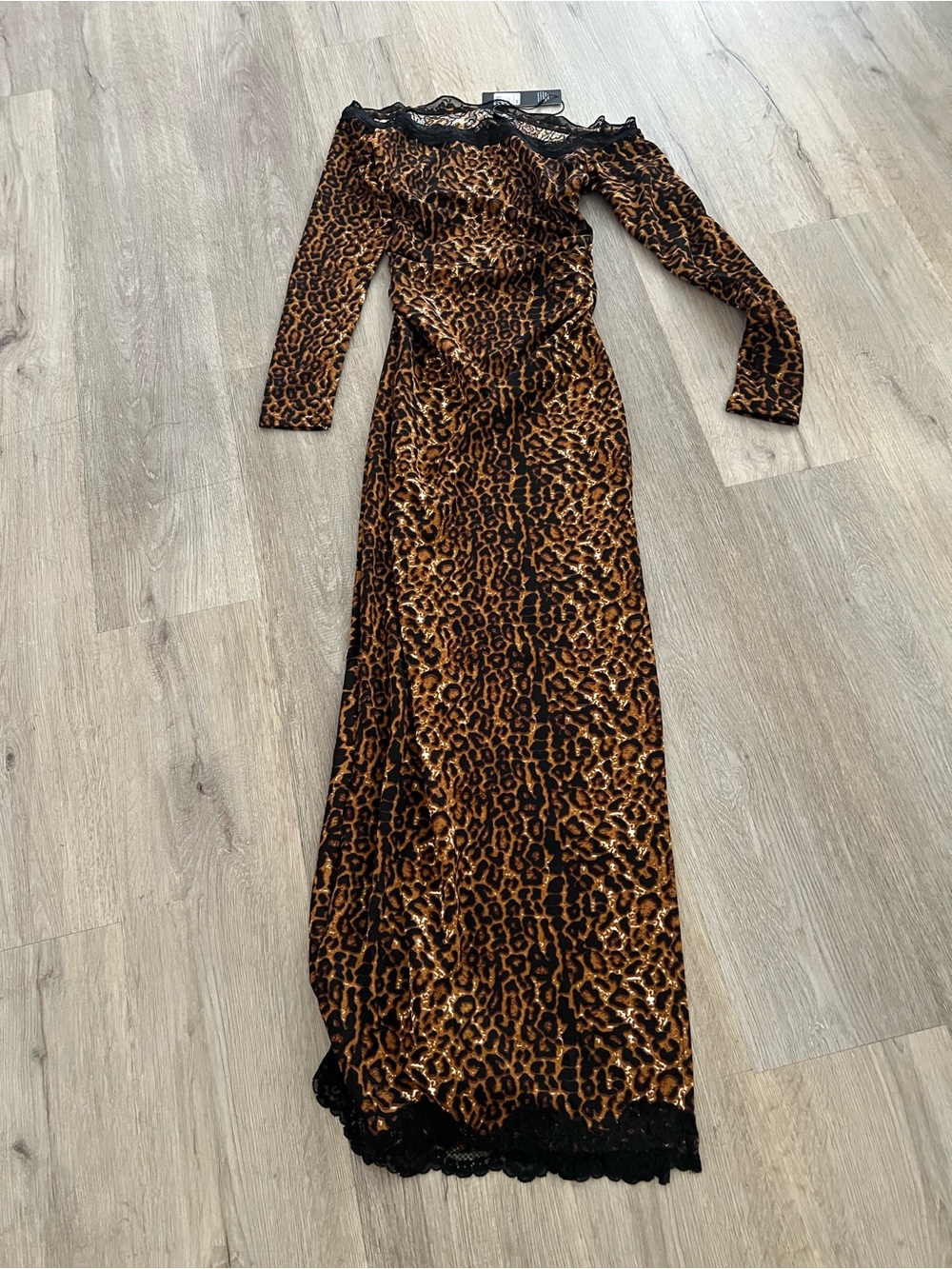 Fashion Nova Leopard-Print Long Sleeve Maxi Dress in Brown and Black